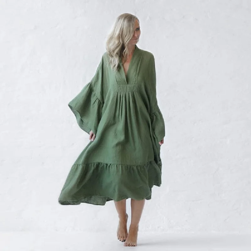 Holiday Sale Seaside Tones Linen Sea Dress - Olive