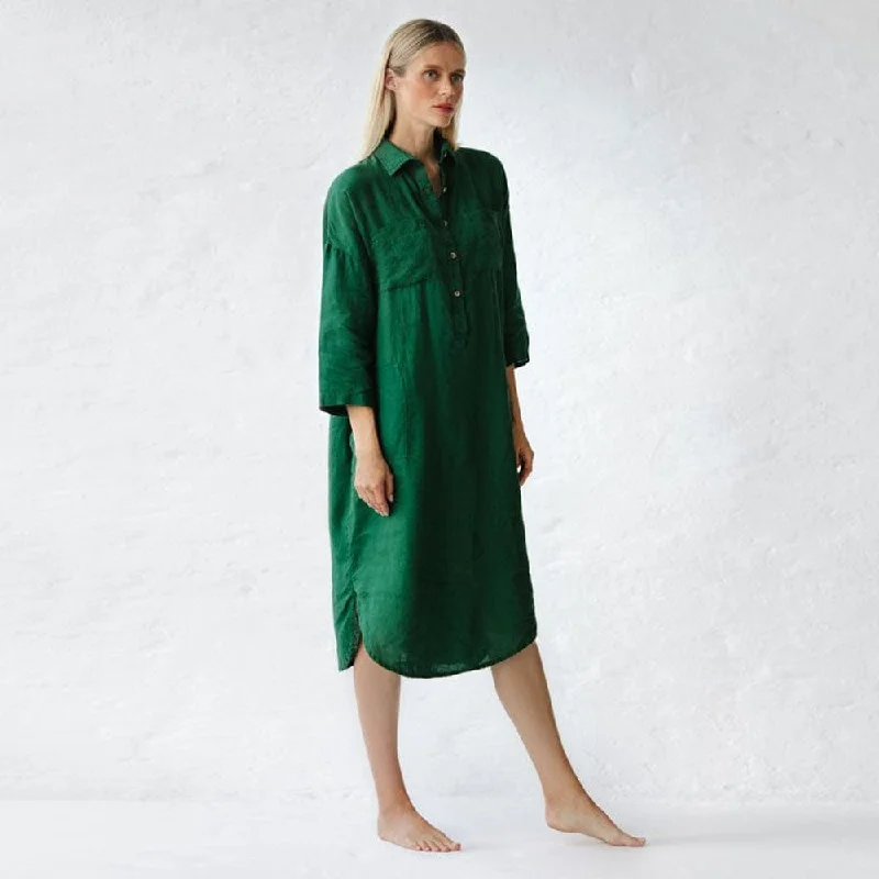 Feminine Soft - Hued Styles Seaside Tones Linen Shirt Dress - Green