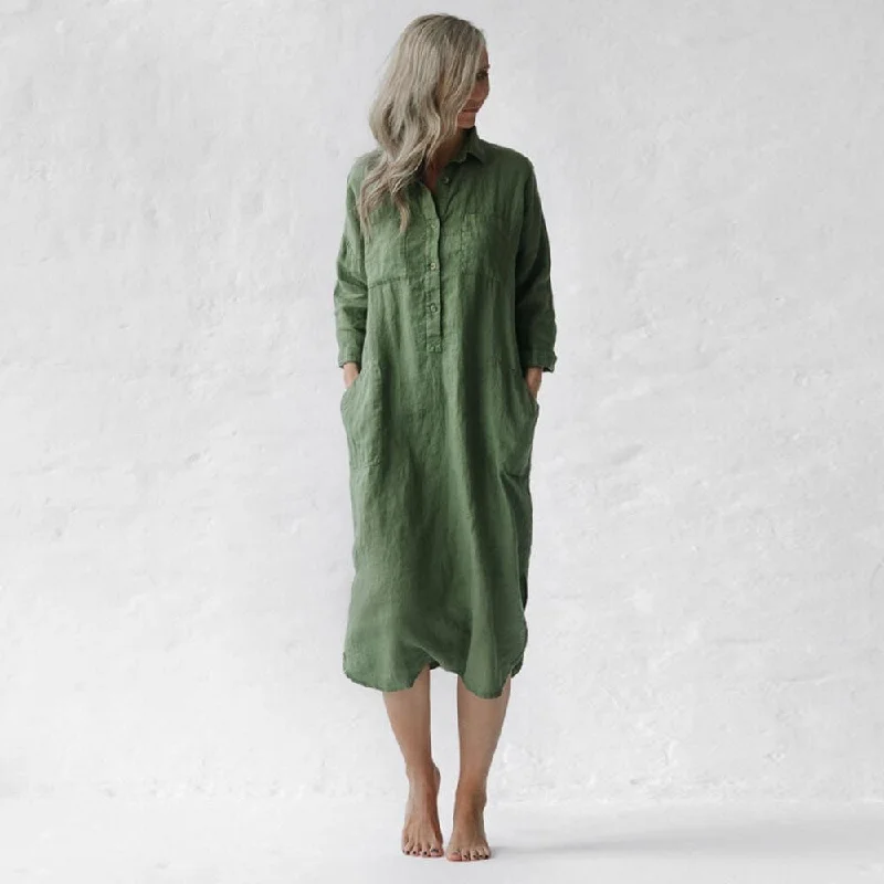 Seasonal Fashion Seaside Tones Linen Shirt Dress - Olive