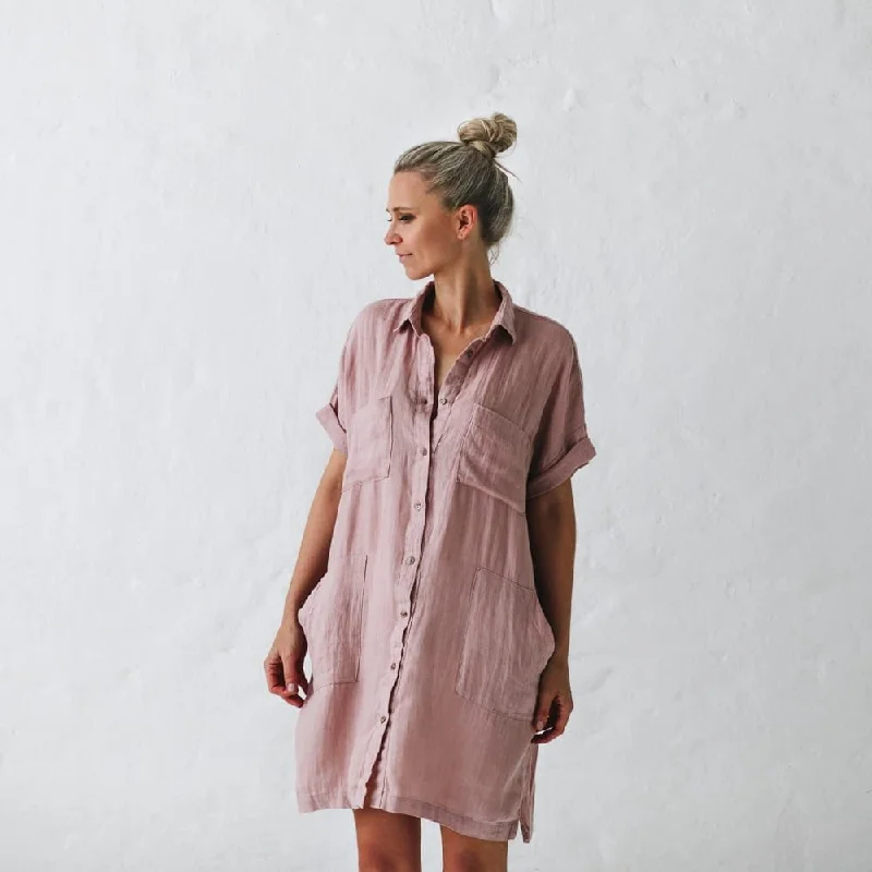 Fashion-Forward Seaside Tones Linen Tunic Dress - Dusty Pink