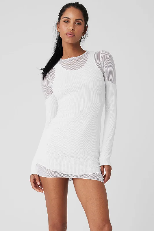 Refined Simplicity Striped Mesh Synergy Long Sleeve Dress - White