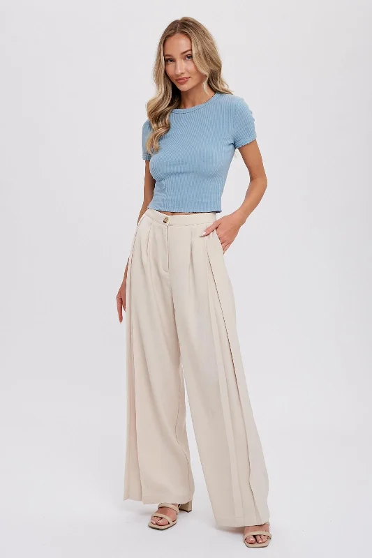 Elegant Style Beige Pintuck Wide Leg Pants