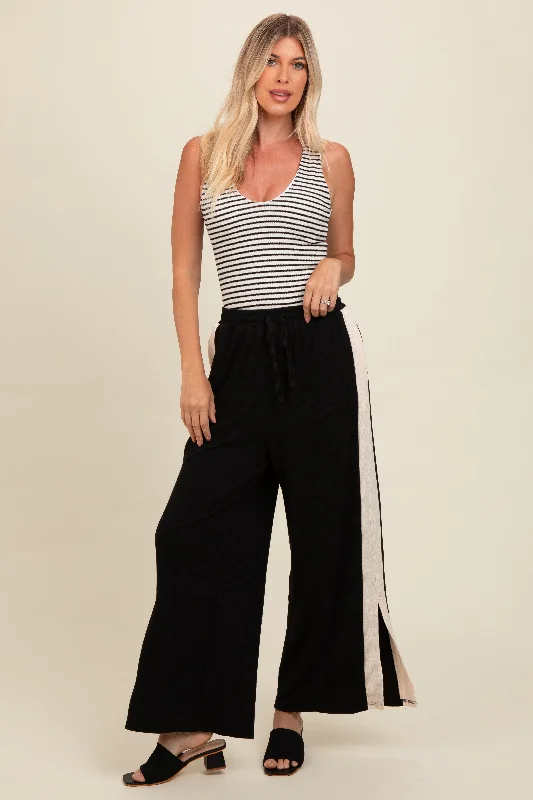 Nordic Minimalist Home Look Black Contrast Stripe Side Slit Pants