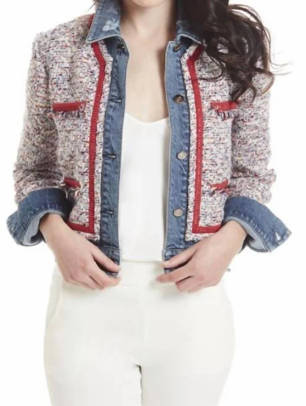 Unleash Your Trend Driven Style Denim And Tweed Jacket In Blue And White