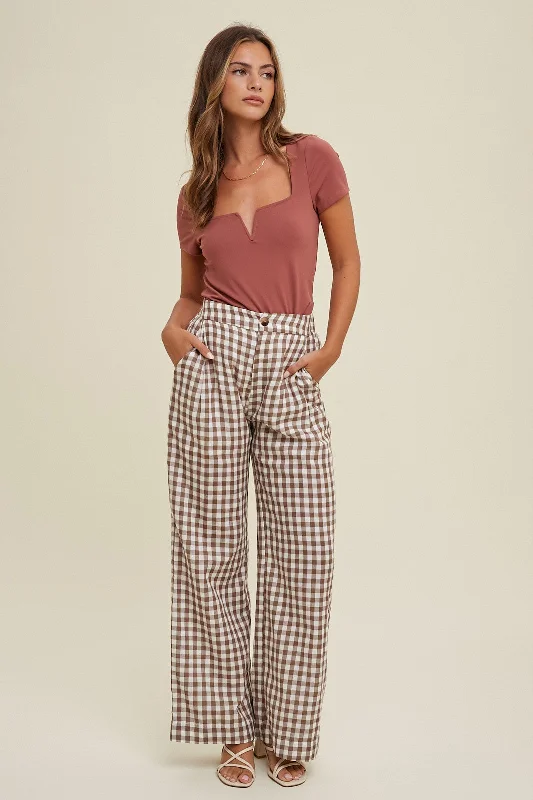 Effortless Chic Apparel Mocha Checkered Gauze Cotton Pants