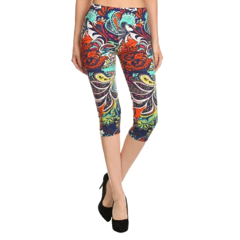 Chic And Comfortable Multi-color Ornate Print Cropped Length Fitted Leggings With High Elastic Waist.