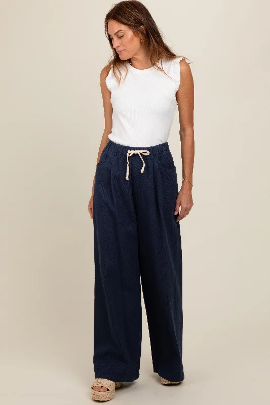 Chic And Edgy Navy Blue Drawstring Wide Leg Pants