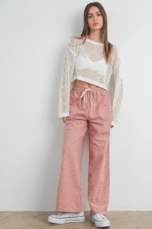 Summer Fashion Pink Drawstring Checker Plaid Pants