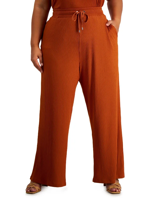 Don't Miss Out Plus Womens Ribbed Comfy Wide Leg Pants