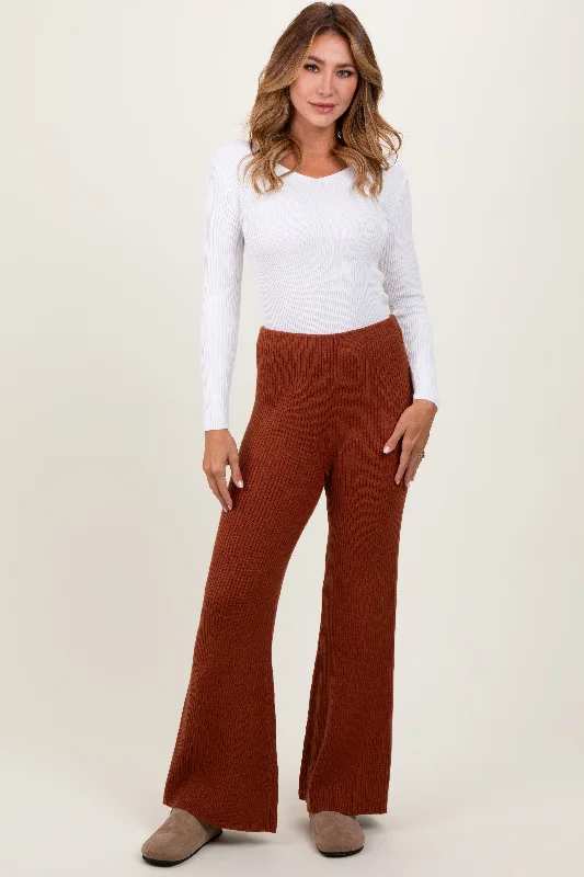 Relaxed Style Rust Ribbed Knit Flare Pants